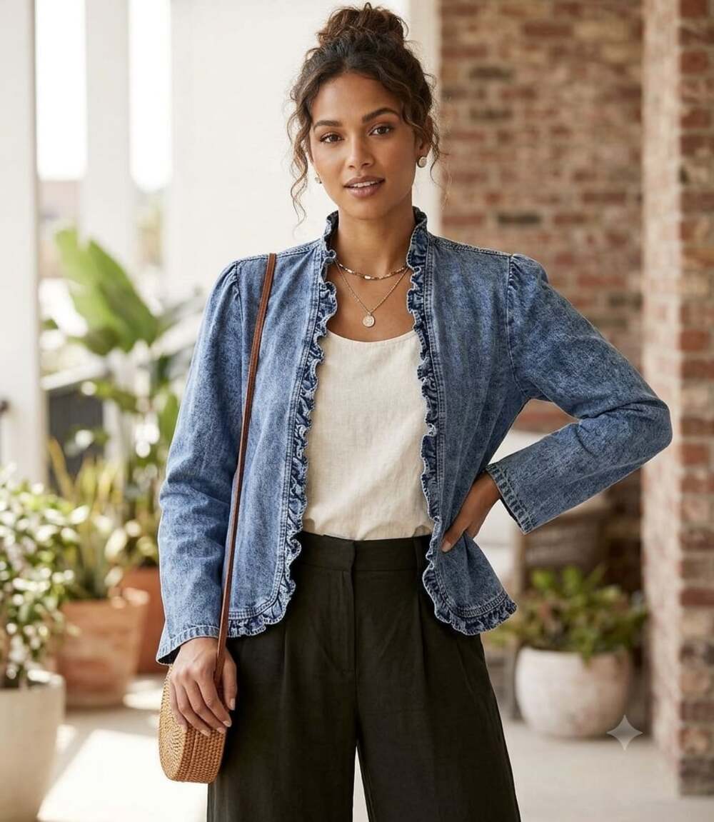 Light Wash Ruffle Denim Jacket XL